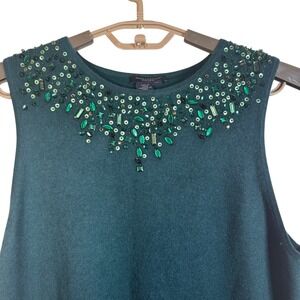 Magaschoni Cashmere Women Sleeveless Beaded Embellished‎ Sweater Top XL Green